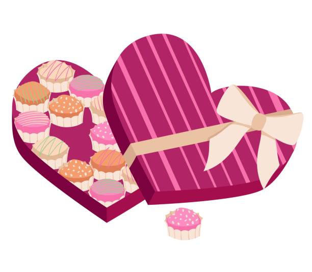 ilustraciones, imágenes clip art, dibujos animados e iconos de stock de san valentín caramelo caramelo corazón caja vector ilustración. chocolates con diferentes diseños. regalo de san valentín - chocolate candy chocolate box candy