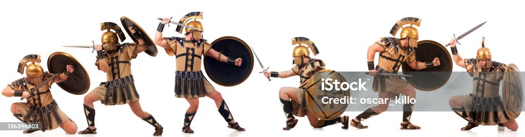 Warlike gladiators Collage of warlike gladiators with the golden armor over white  Gladiator Stock Photo