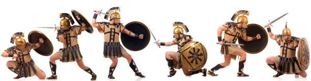 Collage of warlike gladiators with the golden armor over white 