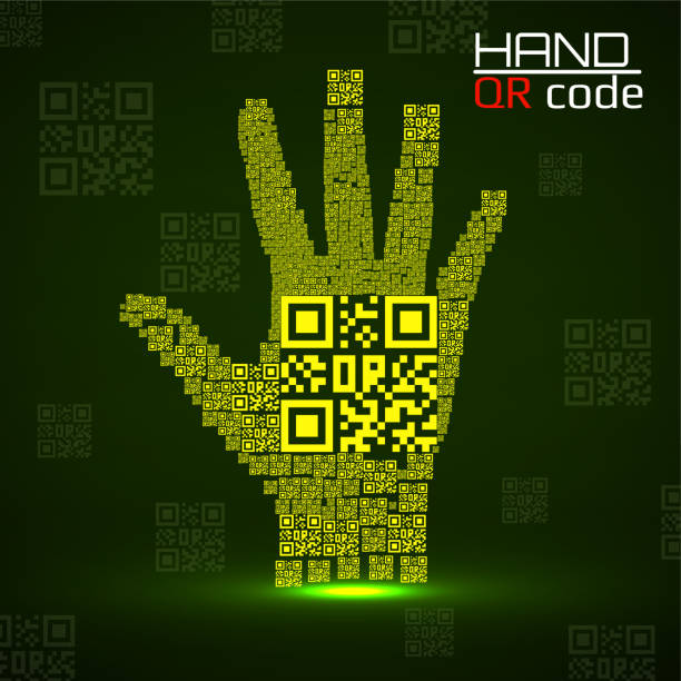 qr 코드 핸드. 실루엣 인간의 손 과 qr 코드. 기술 개념 - qr code coding technology luminosity stock illustrations