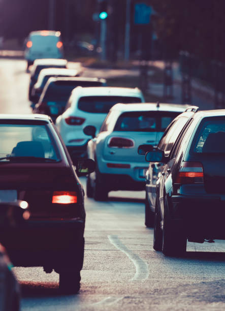 istock Heavy traffic, traffic jam in city at sunset 1363948057