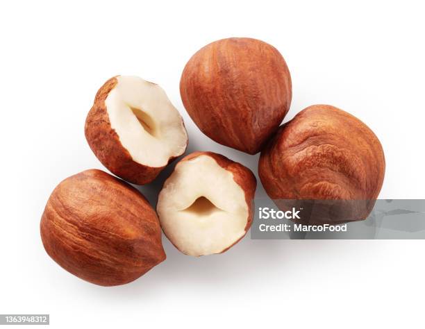 Hazelnut Isolated Hazelnuts On White Background Hazel Top View With Clipping Path Full Depth Of Field Stock Photo - Download Image Now