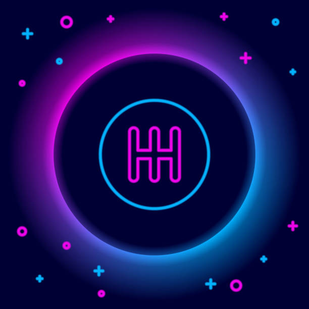 istock Glowing neon line Gear shifter icon isolated on black background. Transmission icon. Colorful outline concept. Vector 1363949993