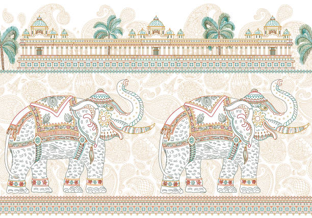 illustrazioni stock, clip art, cartoni animati e icone di tendenza di modello di bordo senza cuciture vettoriale con elefante indiano ornato, palma tropicale, tempio antico. linea sottile colorata, ornamenti paisley su sfondo bianco. libro da colorare per adulti e bambini - thailand