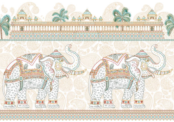 ภาพประกอบสต็อกที่เกี่ยวกับ “เวกเตอร์รูปแบบเส้นขอบไร้รอยต่อกับช้างอินเดียหรูหราต้นปาล์มเขตร้อนวัดโบราณ เส้นบางที่มี - ลายไทย”