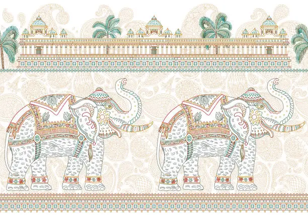 Vector illustration of Vector seamless border pattern with ornate Indian elephant, tropical palm tree, antique temple. Colorful thin line, Paisley ornaments on a white background. Coloring book for adults and children