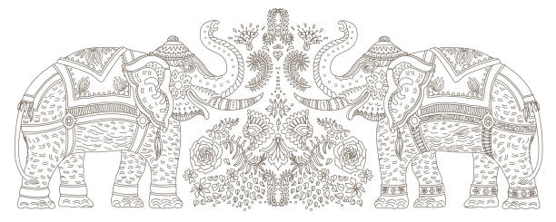 ภาพประกอบสต็อกที่เกี่ยวกับ “เส้นขอบเวกเตอร์ของช้างอินเดียตกแต่งหรูหราด้วยใบไม้เขตร้อนและดอกไม้ เครื่องประดับเส้นบา - thailand”