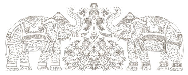 Vector border of decorative ornate Indian elephant with tropical leaves and flowers. Golden contour thin line ornaments on a black background. Coloring book page for adults and children Vector border of decorative ornate Indian elephant with tropical leaves and flowers. Golden contour thin line ornaments on a black background. Coloring book page for adults and children sketches of elephants background stock illustrations