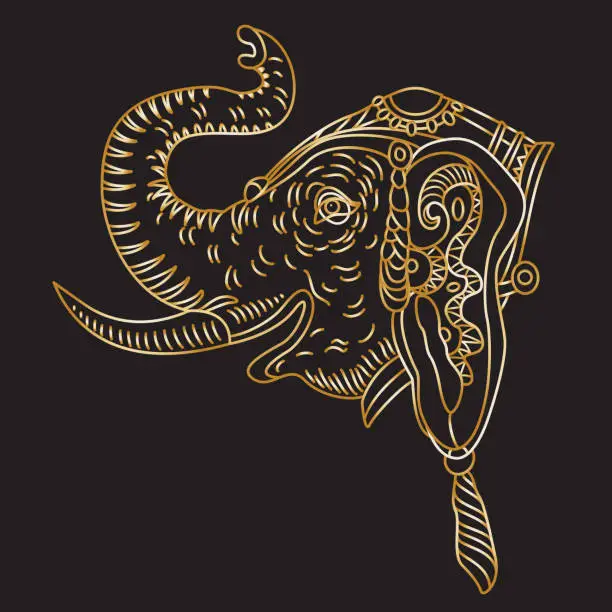 Vector illustration of Vector decorative fantasy ornate Indian elephant head silhouette. Hand drawn doodle sketch. Golden contour thin line, ethnic ornaments on a black background. T-shirt print. Batik paint. Book cover