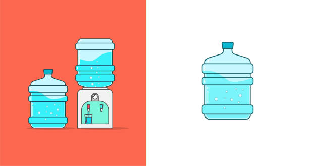 illustrations, cliparts, dessins animés et icônes de distributeur de refroidisseur d’eau vecteur ou refroidisseur d’eau grande bouteille et machine de bureau ligne isolée contour illustration d’art - jug