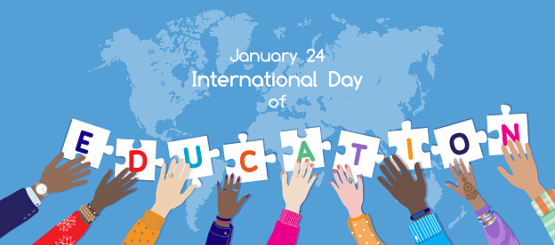 International day of Education on 24th of January greeting vector banner. Diverse multicultural group, female and male youth, students, hold pieces of puzzle, letters EDUCATION at world map background