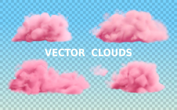 Realistic pink clouds set Realistic pink clouds set isolated on transparent background. Vector fluffy smoke collection in a blue sky. pink color stock illustrations