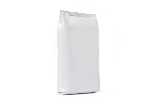 istock Coffee bag mockup isolated on white background. Front View. White package for tea, biscuit. Paper pouch, milk pack. Snack package blank, glossy flex box. Juice paper container. Foil bag for food 1363951482
