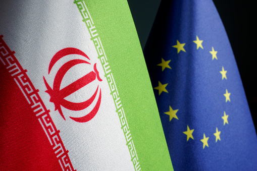 Flags of Iran and EU Europe Union.