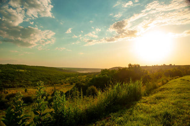 istock Sunset over hills and green fields 1363952150
