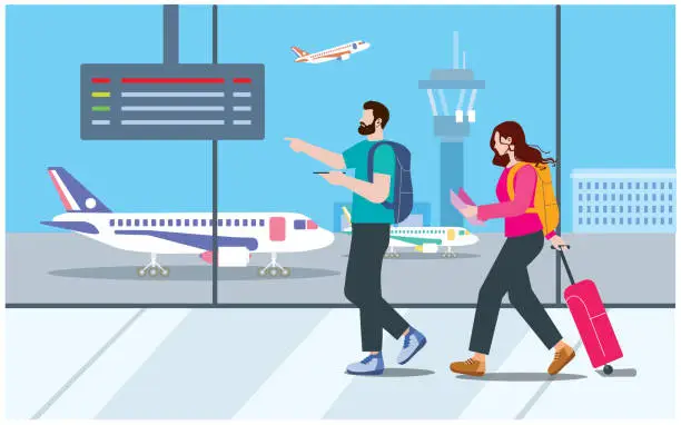 Vector illustration of Late for plane vector illustration. Cartoon flat busy couple tourist character with travel suitcase running through airport terminal interior missing or trouble with transit airplane flight background