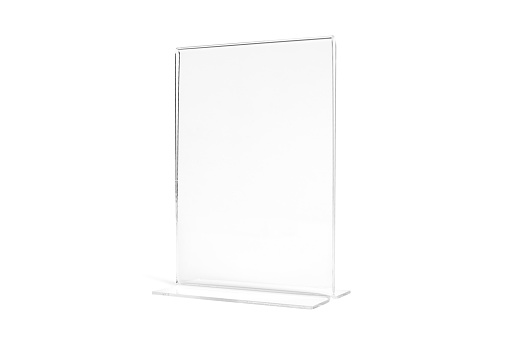 Vertical transparent desk display isolated on white background. Advertising trade stand banner. Mock Up Template. Front view. Table tent menu holder T shaped A4 or A5 format. Plastic ad plate.