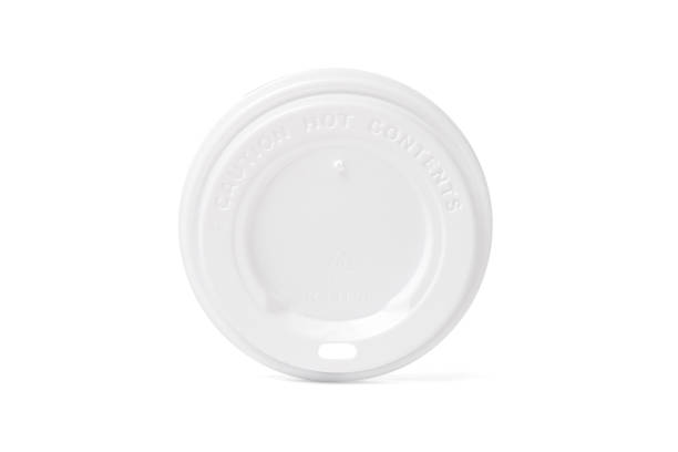 istock Plastic disposable top coffee cap lid isolated on white. Blank white disposable coffee cup lid mock up lying top view, 3d rendering. Empty drinking mug mock-up. Clear plain tea take away package 1363952695