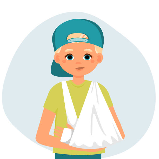 Little boy with broken arm. Concept of treatment bone fracture, plaster cast on broken arm, children's medicine. Vector cartoon illustration in flat style. Little boy with broken arm. Concept of treatment bone fracture, plaster cast on broken arm, children's medicine. Vector cartoon illustration in flat style. arm sling stock illustrations