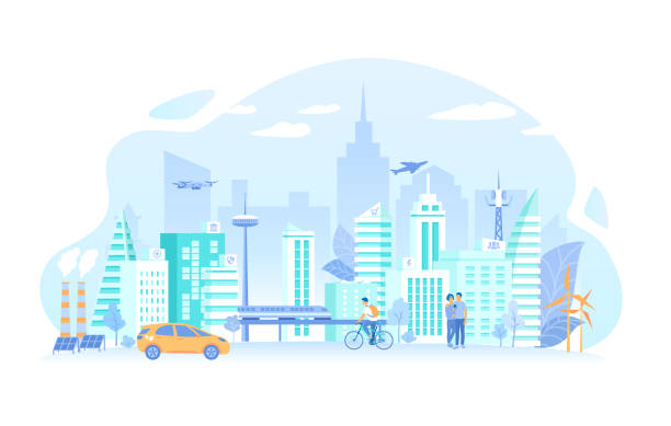 Urban landscape with building architecture, communication, infrastructure, transportation, services, eco energy. Smart City Skyline. Vector illustration flat style. Urban landscape with building architecture, communication, infrastructure, transportation, services, eco energy. Smart City Skyline. Vector illustration flat style. futuristic architecture illustrations stock illustrations