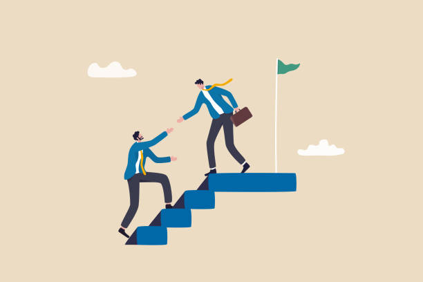 Ethical leadership help colleague to succeed and reach goal achieve target, mentorship, support or help for career success concept, businessman leader help employee climb to target at top of stair. Ethical leadership help colleague to succeed and reach goal achieve target, mentorship, support or help for career success concept, businessman leader help employee climb to target at top of stair. guidance illustrations stock illustrations