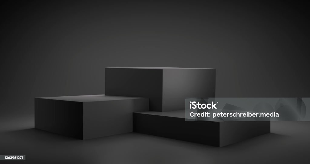 Empty Black Product Stand, Platform or Podium 3d rendering of black color blank product stands on black background for presentation with copy space Black Color Stock Photo