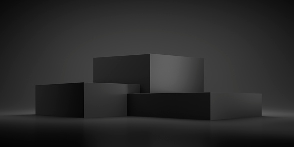3d rendering of black color blank product stands on black background for presentation with copy space