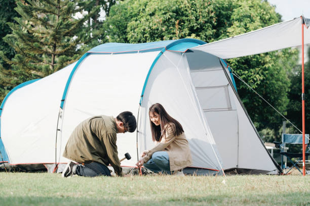 istock Happy couple camping life at park 1363962580