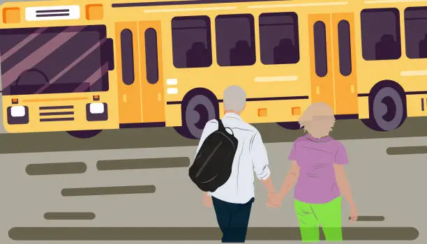 Vector illustration of Elderly couple getting on bus.