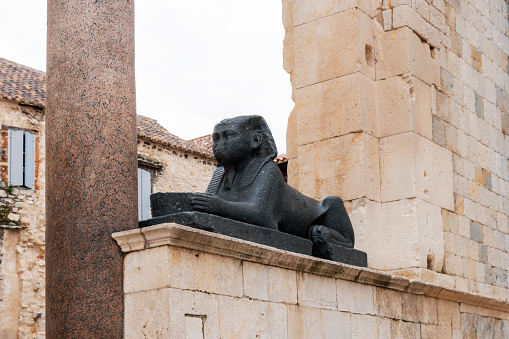 Statue of sphinx at the Peristyle square. Diocletian Palace, ancient palace built for the Roman emperor Diocletian, Split, Croatia.