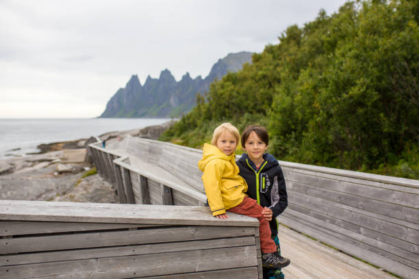 dziecko w tungeneset, senja, norwegia, cieszące się pięknym widokiem na fiordy - beach family boardwalk footpath zdjęcia i obrazy z banku zdjęć