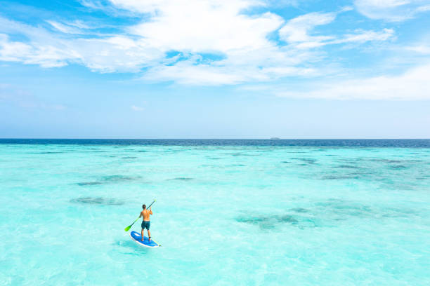 istock Young man paddling on paddleboarding in tropical ocean 1363967281