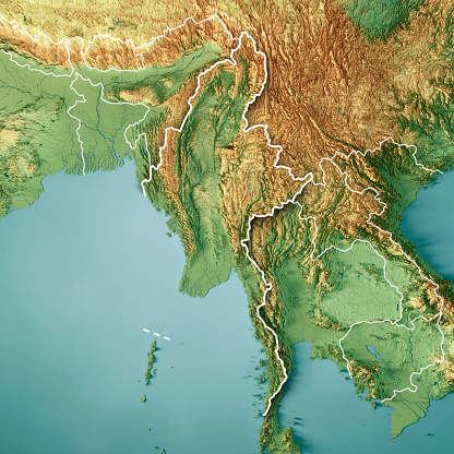 3D Render of a Topographic Map of Myanmar. Version with Country Boundaries.\nAll source data is in the public domain.\nColor texture: Made with Natural Earth. \nhttp://www.naturalearthdata.com/downloads/10m-raster-data/10m-cross-blend-hypso/\nRelief texture: SRTM data courtesy of NASA JPL (2020). URL of source image: \nhttps://e4ftl01.cr.usgs.gov//DP133/SRTM/SRTMGL3.003/2000.02.11\nWater texture: SRTM Water Body SWDB:\nhttps://dds.cr.usgs.gov/srtm/version2_1/SWBD/\nBoundaries Level 0: Humanitarian Information Unit HIU, U.S. Department of State (database: LSIB)\nhttp://geonode.state.gov/layers/geonode%3ALSIB7a_Gen
