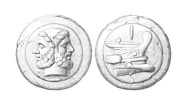 로마 동전 - 빈티지 새겨진 일러스트레이션 - coin roman ancient rome stock illustrations