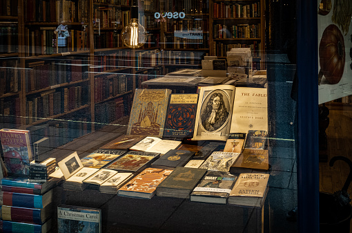 LONDON, UK, 8 November 2021: The window of Henry Pordes Books in Charing Cross Road, London, UK. This road was once lined by numerous new and secondhand bookshops, but very few now remain.