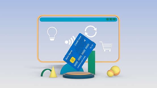 credit card on a pedestal with a stylized computer on background, concept of online shopping or finance and new technologies, pastel colours (3d render)