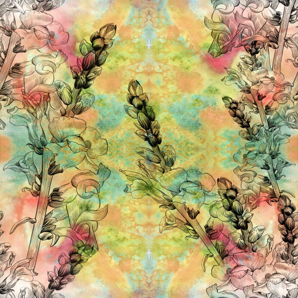 istock Flowers. A branch with flowers and buds - snapdragon. Seamless pattern. Medicinal, perfume and cosmetic plants. Wallpaper. Use printed materials, signs, posters, postcards, packaging. Watercolor. 1363971121