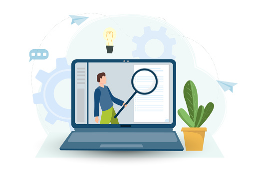 Young happyman holding magnifying glass and examining check list or document, business analysis, audit, research concept, online conferencing concept, flat vector illustratiion