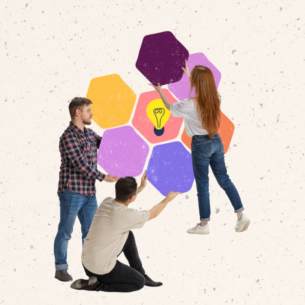 istock Modern design. Contemporary art collage of employees making structure matrix, working on ideas 1363971198
