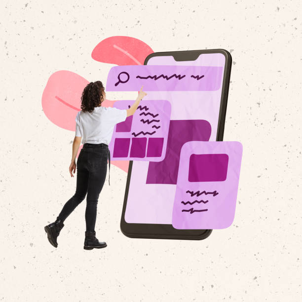 istock Creative design. Contemporary art collage. Young woman, professional web developer and designer testing new mobile app 1363971216