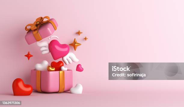 Happy Valentines Day Background With Opened Gift Box Heart Shape Wing Copy Space Text 3d Rendering Illustration Stock Photo - Download Image Now