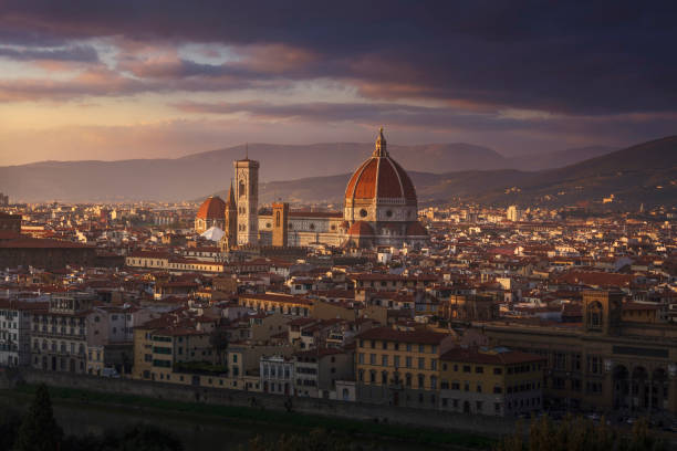 Florence or Firenze, Duomo Cathedral landmark. Sunset view from Piazzale Michelangelo. Italy Florence or Firenze, Duomo Cathedral, Basilica Santa Maria del Fiore landmark and Giotto Campanile. Sunset view from Piazzale Michelangelo square. Tuscany region, Italy, Europe. filippo brunelleschi stock pictures, royalty-free photos & images
