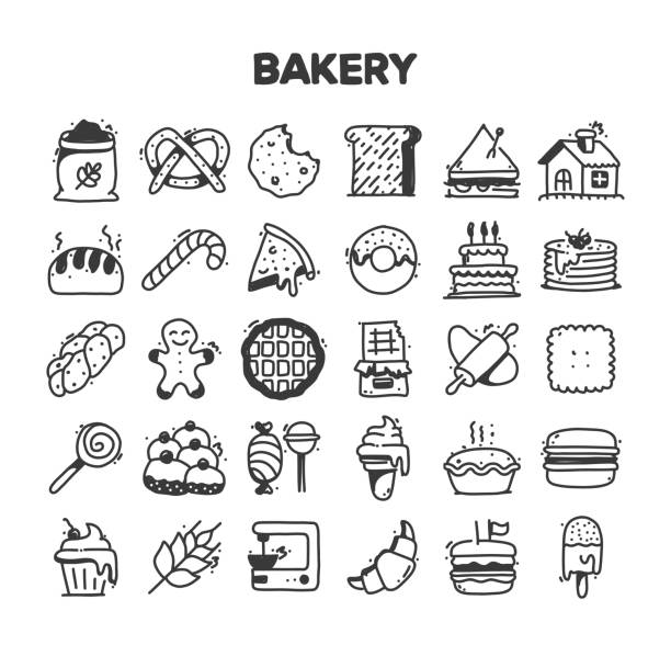 хлебобулочные изделия, связанные с нарисованными вручную векторными рисунками набор значков doodle - chef food cooking sandwich stock illustrations