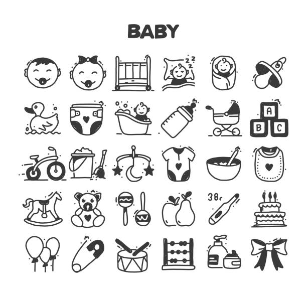 illustrazioni stock, clip art, cartoni animati e icone di tendenza di set di icone doodle vettoriali disegnate a mano relative al bambino - baby clothing its a girl newborn baby goods