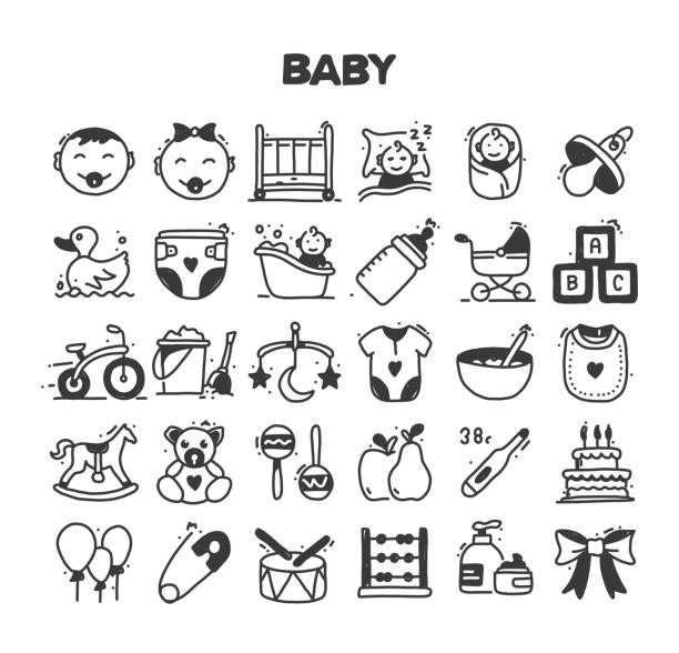 Baby Related Hand Drawn Vector Doodle Icon Set Baby Related Hand Drawn Vector Doodle Icon Set newborn horse stock illustrations