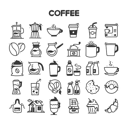 Coffee Related Hand Drawn Vector Doodle Icon Set