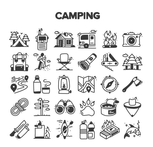 camping related hand drawn vector doodle icon set - computer icon symbol water bottle icon set stock-grafiken, -clipart, -cartoons und -symbole