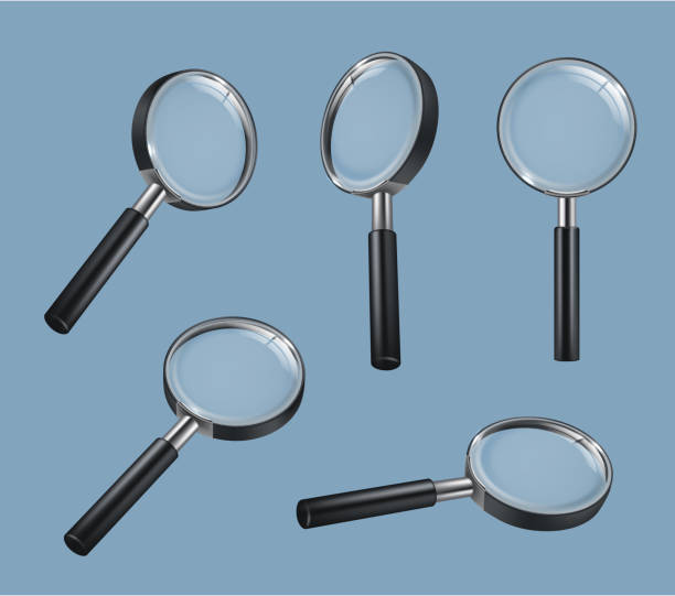 istock Magnifier glass. Focused transparent lens zoom loupe window round frame business tools decent vector realistic illustrations set isolated 1363976150