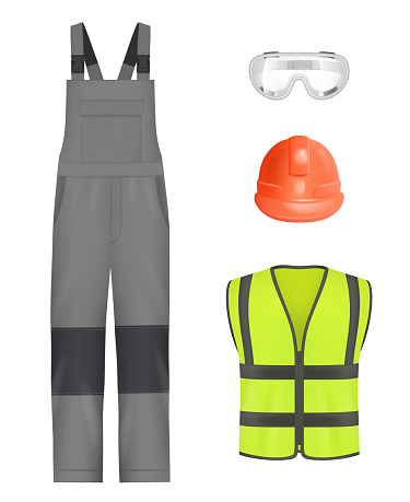 Industry uniform. Realistic workwear professional constructors or engineer pants helmet shoes and jacket with reflection colored lines decent vector templates set