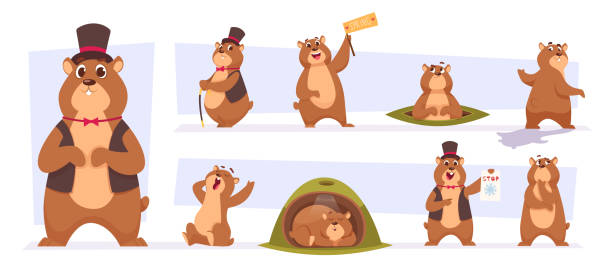 Groundhogs. Cute wild animals day of time loop groundhogs illustrations in cartoon style exact vector pictures set Groundhogs. Cute wild animals day of time loop groundhogs illustrations in cartoon style exact vector pictures set. Groundhog character and woodchuck groundhog stock illustrations